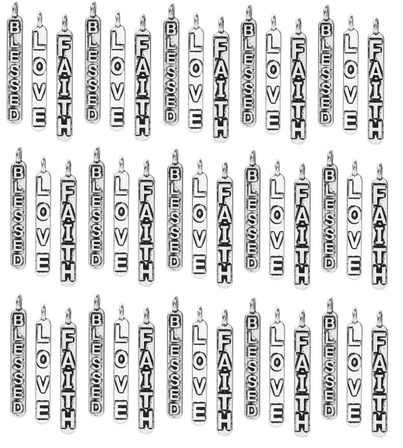 JGFinds Blessed Love Faith Message Charm Pendants, Silver Tone, 1 1/8", 144 Pack (48 of Each), Quotes DIY Charm Bracelets or Mixed Saying Keychains - Encouragement Words, Inspirational - Image 1